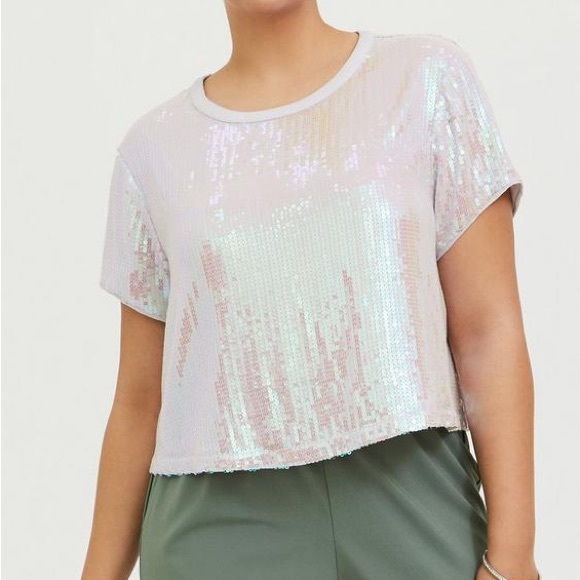 White Iridescent Sequins Crop Tee - Picture 4 of 4